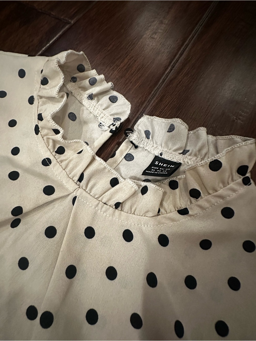 SHEIN Beige Blouse with Black Polka Dots and Ruffle Neck